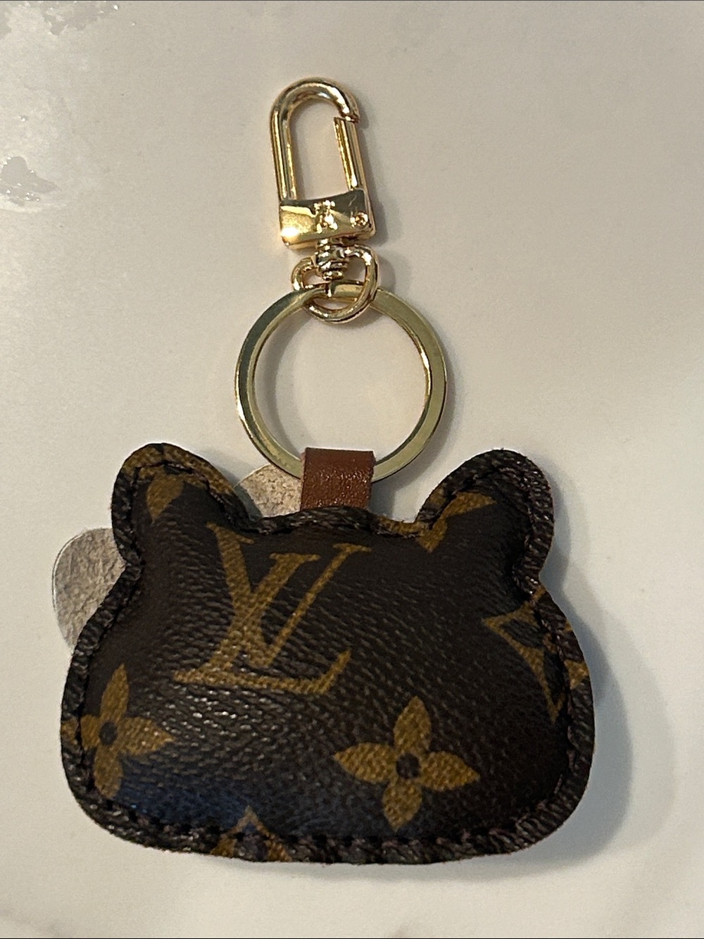 Upcycled LV Gold-Tone Brown Monogram HK Keychain Bag Charm with Leopard Bow - Picture 9 of 11